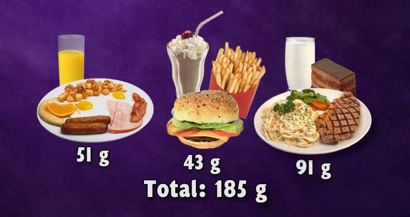 Tres comidas de una dieta típica a base de animales dan como resultado 185 g de proteínas.