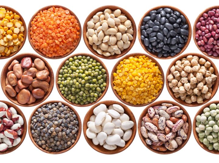 Bowls with different beans and legumes